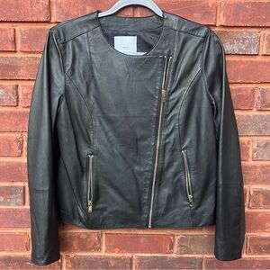 Mango Leather Jacket Bomber Flat Front Black Sleek Classic Like New grunge